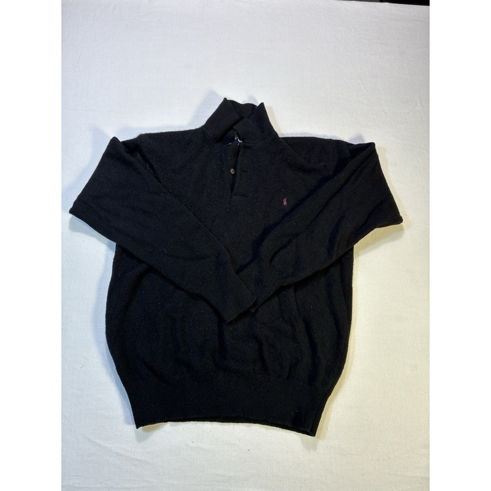 Vintage Polo Ralph Lauren Lambswool Sweater Large Black Quarter Button Pink Pony